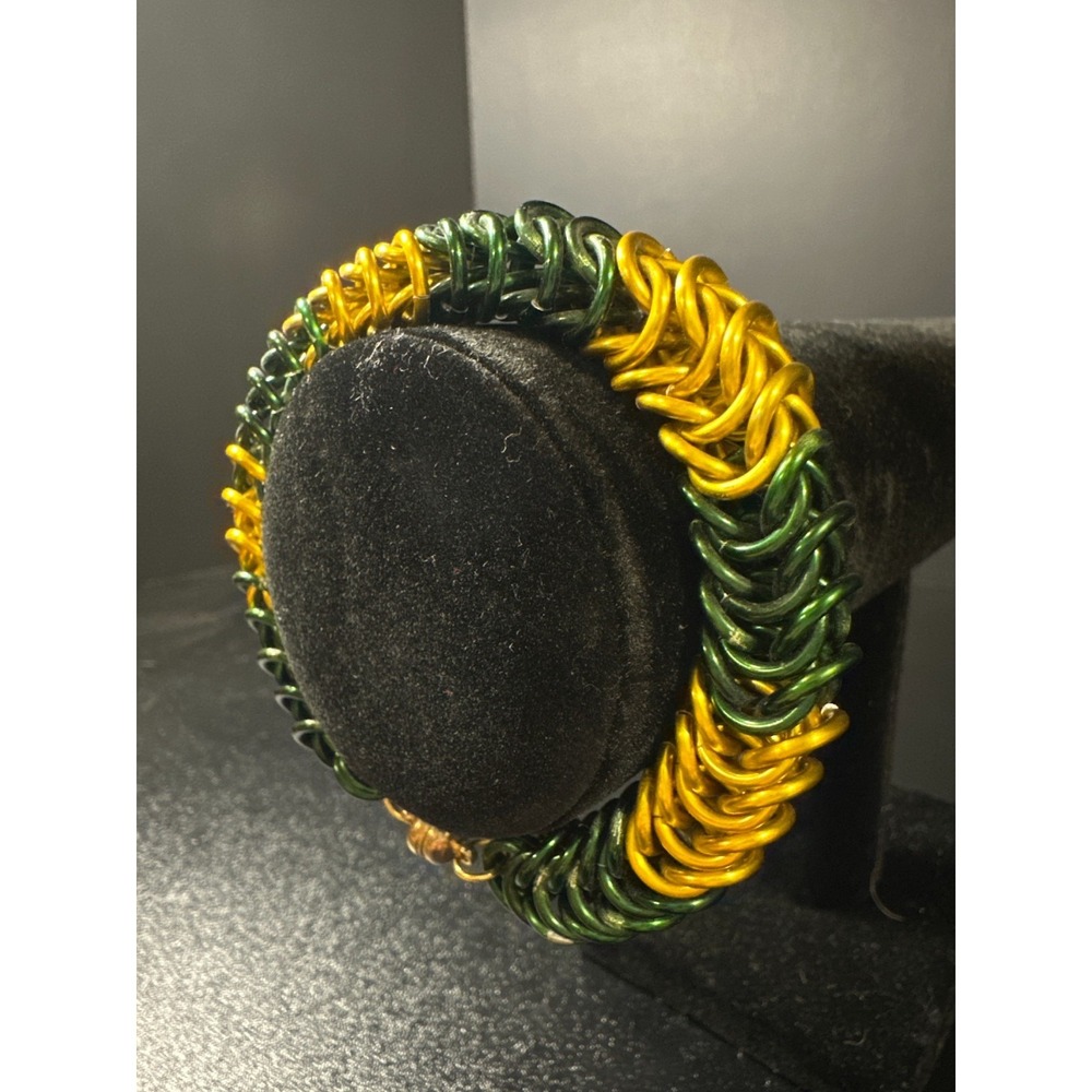 Handmade Green & Gold Aluminum Chainmail Bracelet 8" Magnetic Clasp Unisex